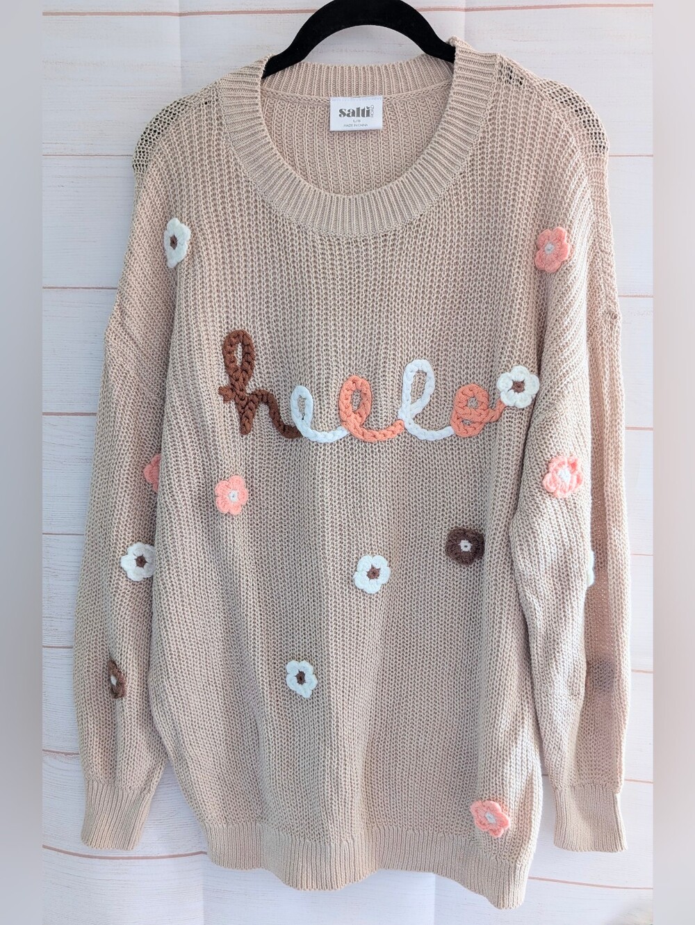 Nwot Salti Road Cream Knit Sweater With Crochet Flowers Super Adorable 🤩 Size L